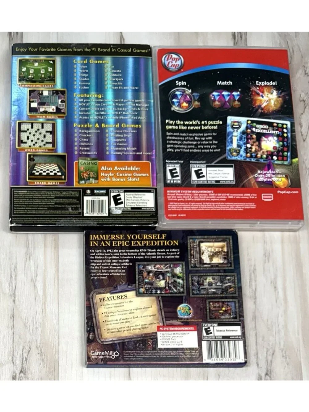 Lot 7 Windows PC GAMES CD-Rom Hidden Mysteries JewelQuest Bejeweled Titanic Card